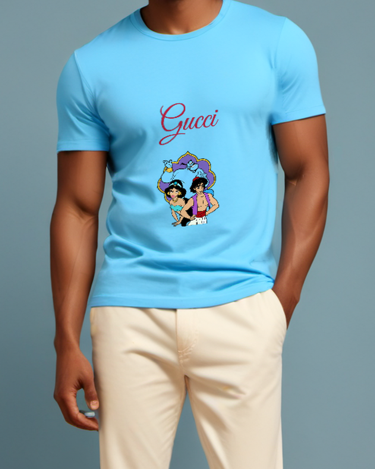 Sky Blue Aladdin Jasmine Genie In Dynamic Group Pose Graphic T-Shirt - model wearing view