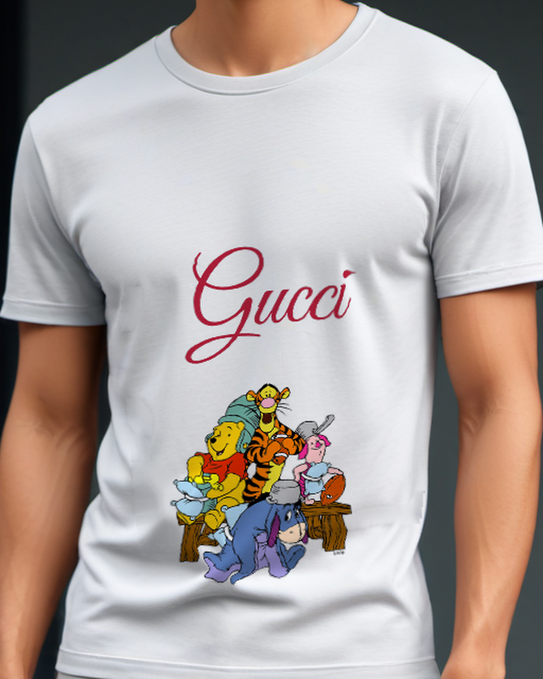 White Pooh Tigger Piglet Eeyore On Bench Graphic T-Shirt - model wearing view