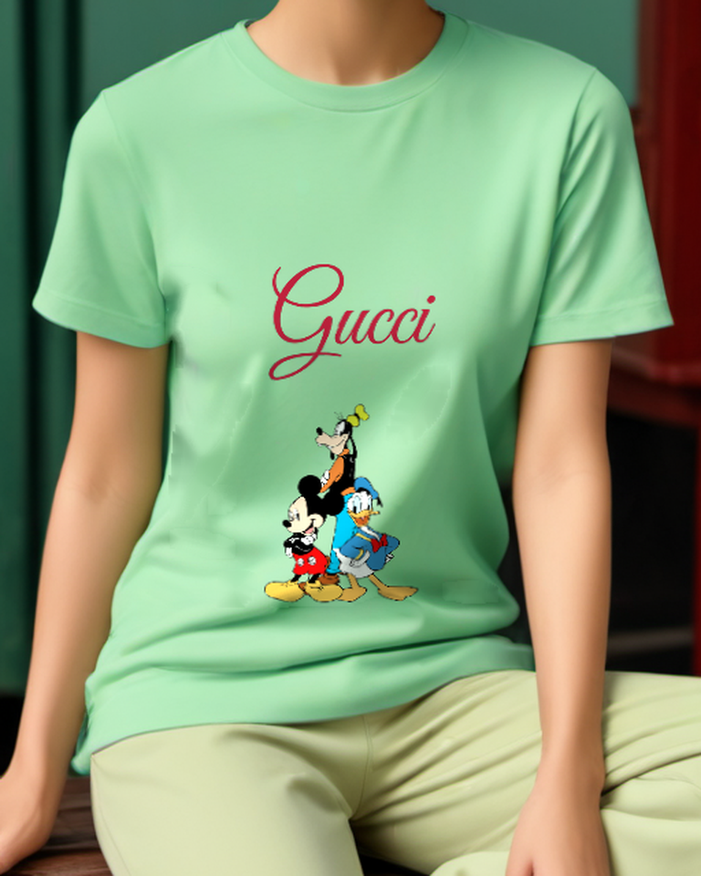 Sage Green Mickey Donald Goofy Standing Together Graphic T-Shirt - model wearing view