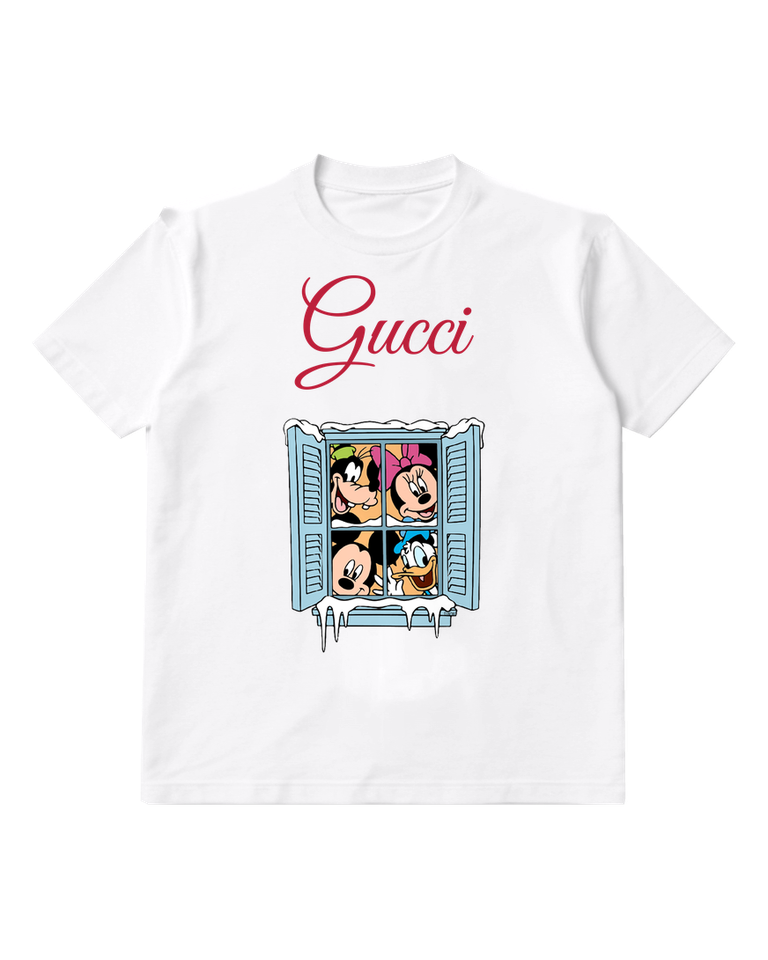 White Four Disney Characters Peek From Snowy Window Graphic T-Shirt - front product view