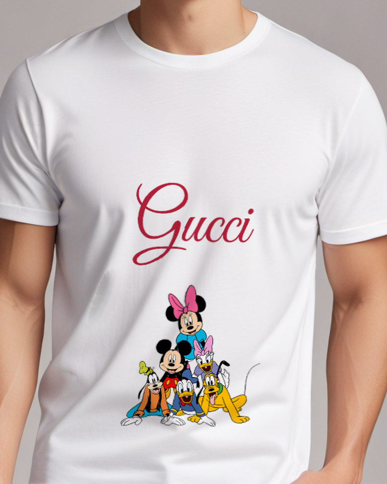White Mickey Mouse Pyramid Group Graphic T-Shirt - model wearing view