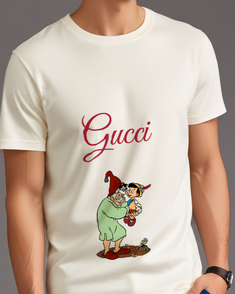 White Old Man Holds Child And Cat Graphic T-Shirt - model wearing view