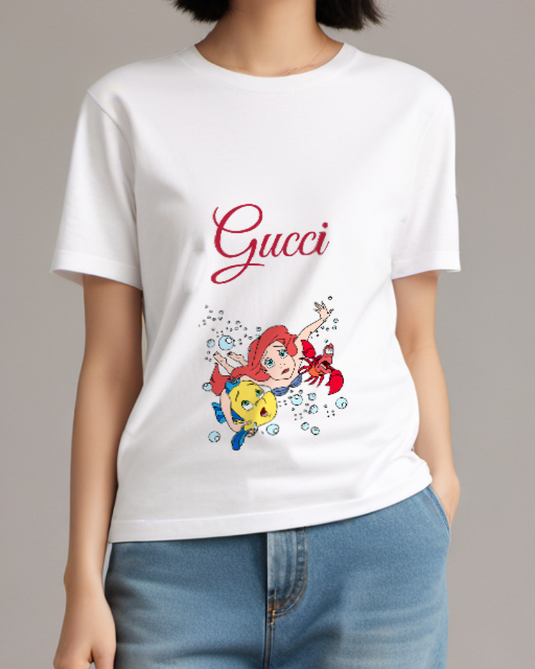 White Ariel Flounder And Sebastian Underwater Graphic T-Shirt - model wearing view