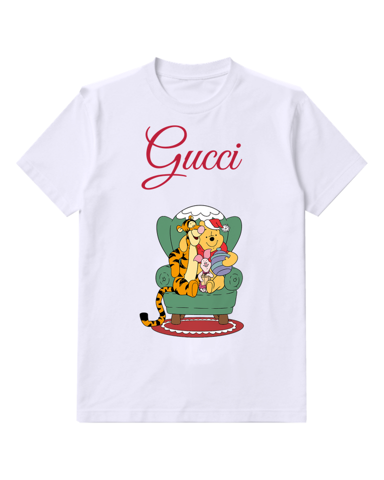 White Pooh Piglet And Tigger Sharing A Green Christmas Armchair Graphic T-Shirt - front product view