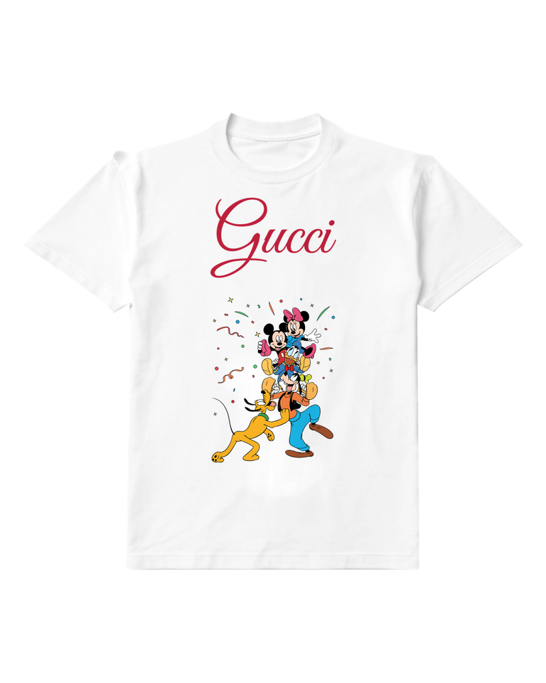 White Mickey Mouse With Friends In Celebratory Pose Graphic T-Shirt - front product view