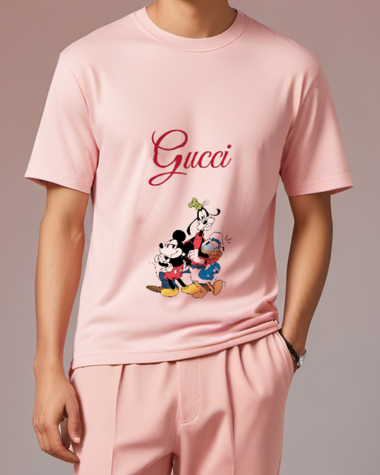 Blush Pink Mickey Donald Goofy In Playful Stance Graphic T-Shirt - model wearing view