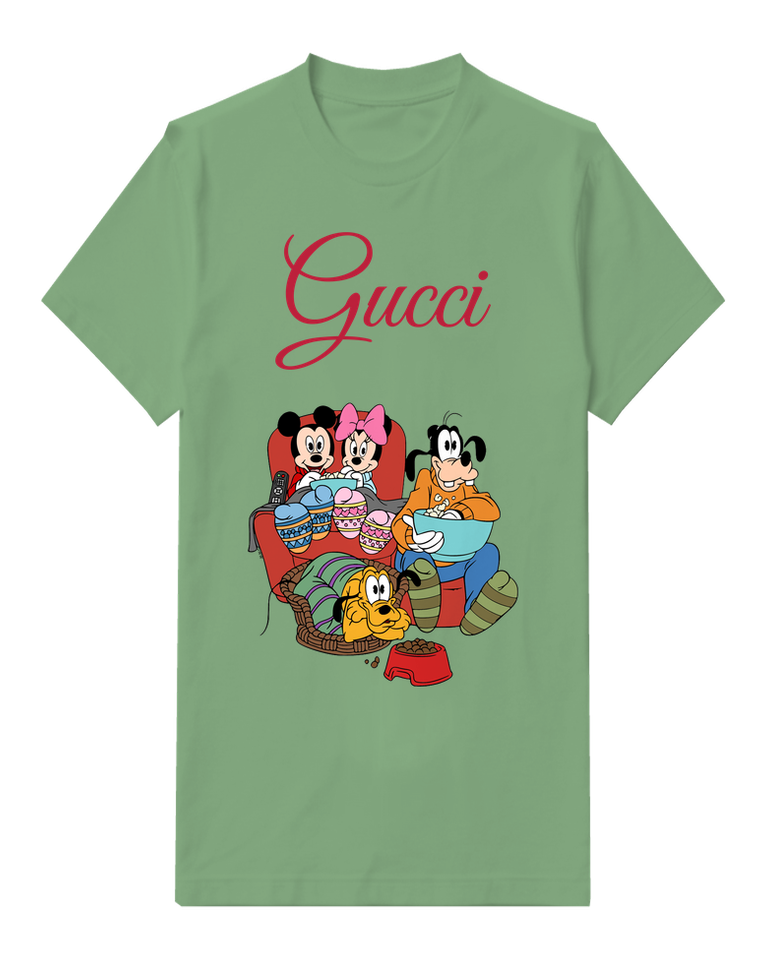 Sage Green Mickey Minnie Goofy Pluto Watching Tv Graphic T-Shirt - front product view