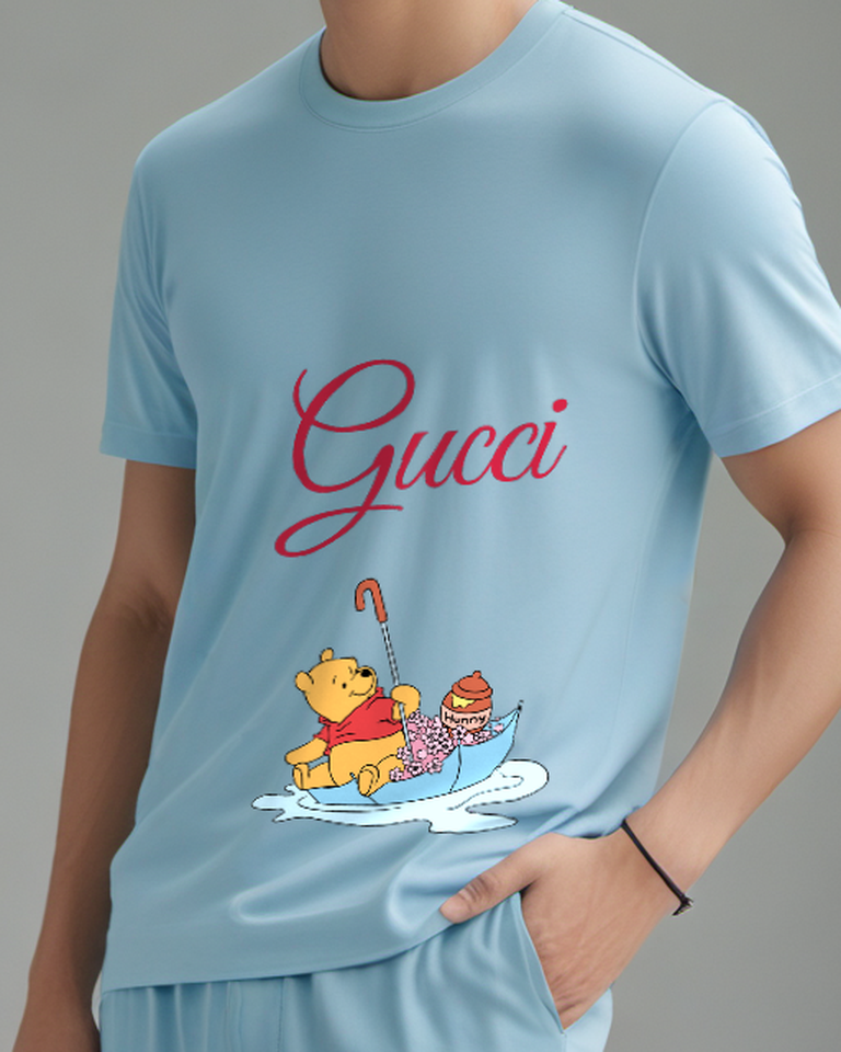 Dusty Blue Bear Piglet Little Boat Graphic T-Shirt - model wearing view