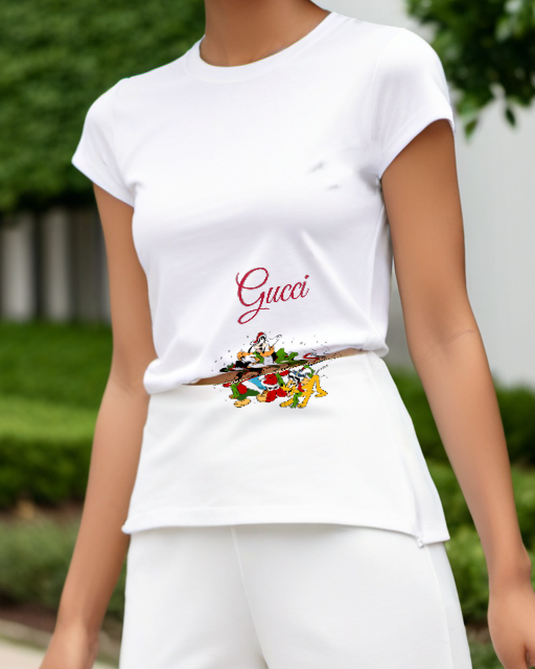 White Mickey And Minnie In Festive Winter Poses Graphic T-Shirt - model wearing view