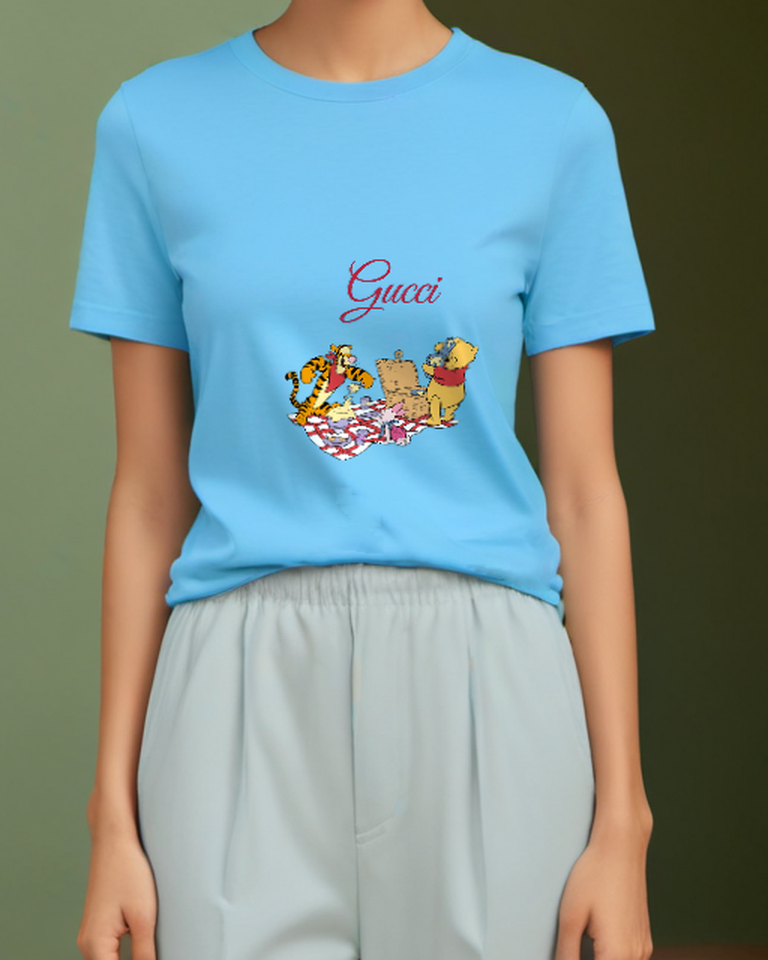 Sky Blue Tigger Pours Cream Into Bowl Graphic T-Shirt - model wearing view