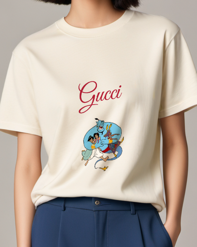 Ivory Genie Carries Characters On His Back Graphic T-Shirt - model wearing view