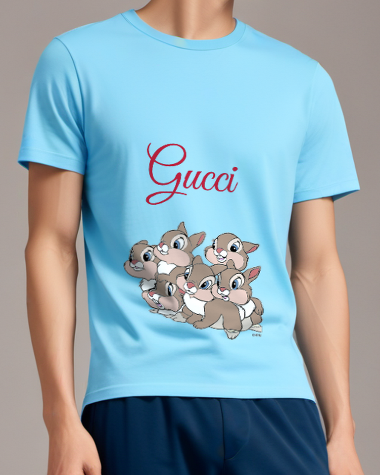 Sky Blue Thumper Group Of Bunnies Clustered Together Graphic T-Shirt - model wearing view
