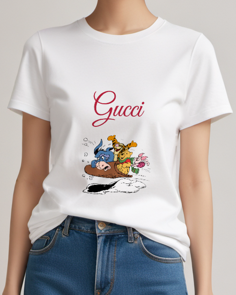 White Pooh Tigger Eeyore Sledding Together Graphic T-Shirt - model wearing view