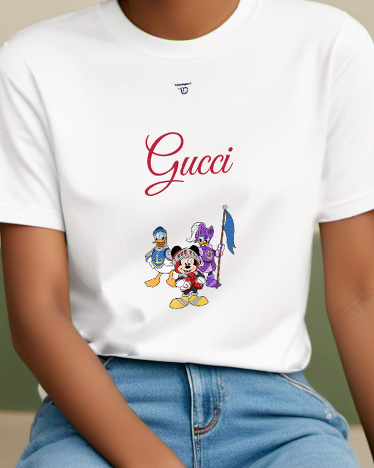 White Mickey Mouse In Knight Armor Graphic T-Shirt - model wearing view