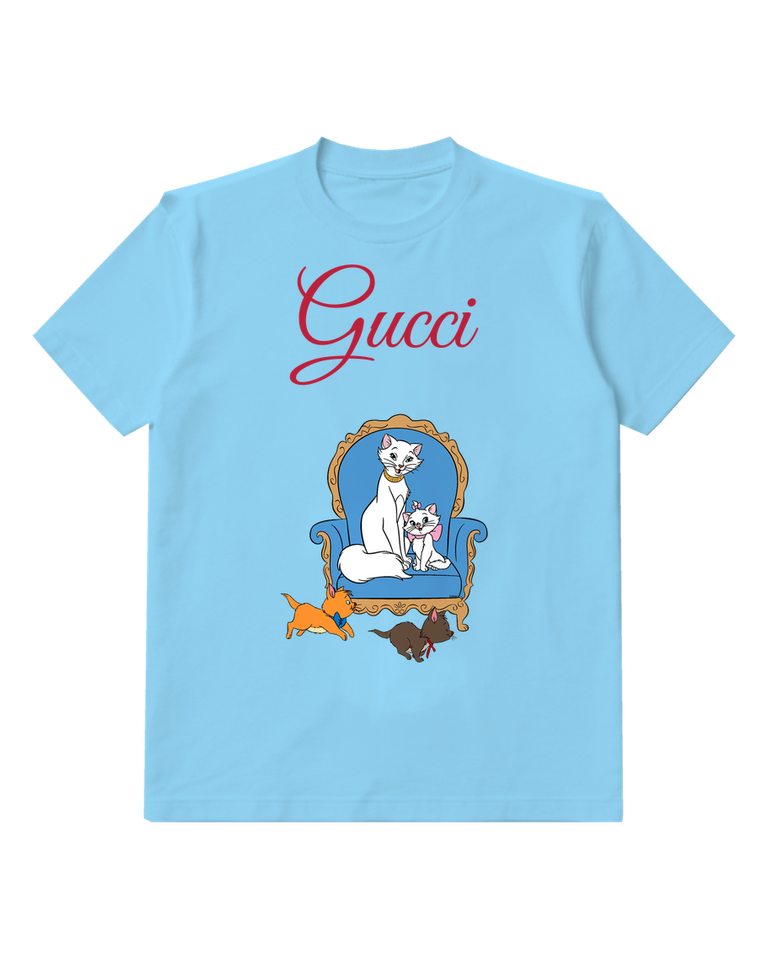 Sky Blue Three Cats On Ornate Chair Graphic T-Shirt - front product view