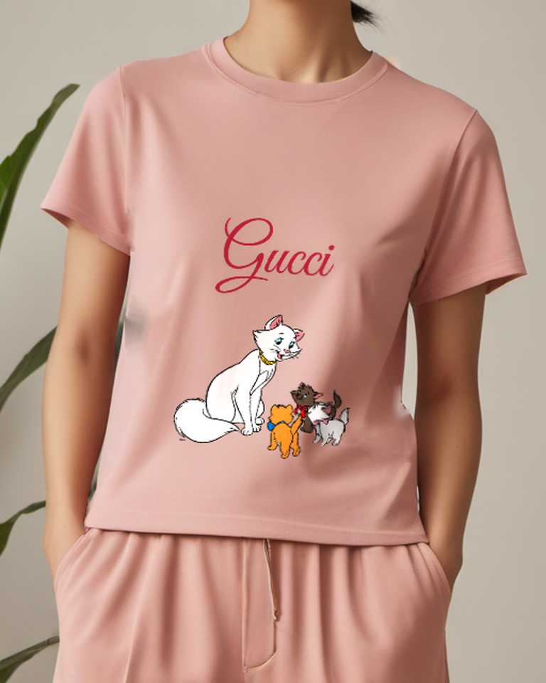 Blush Pink White Cat With Golden Collar Sits Graphic T-Shirt - model wearing view
