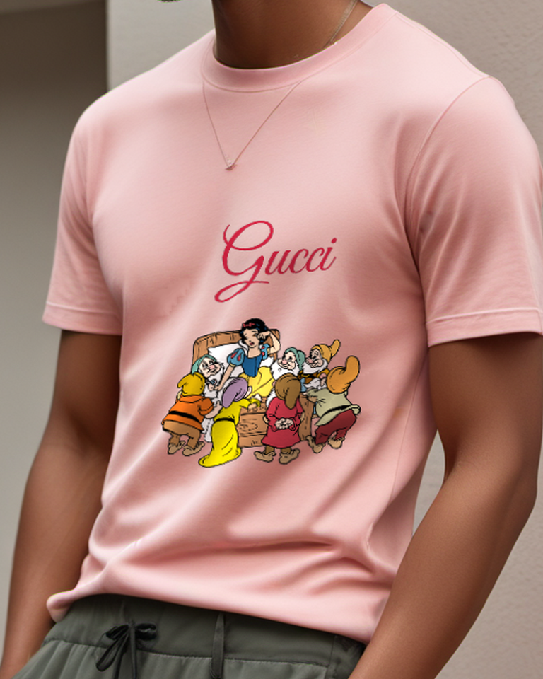 Blush Pink Snow White Bedridden Surrounded By Dwarfs Graphic T-Shirt - model wearing view