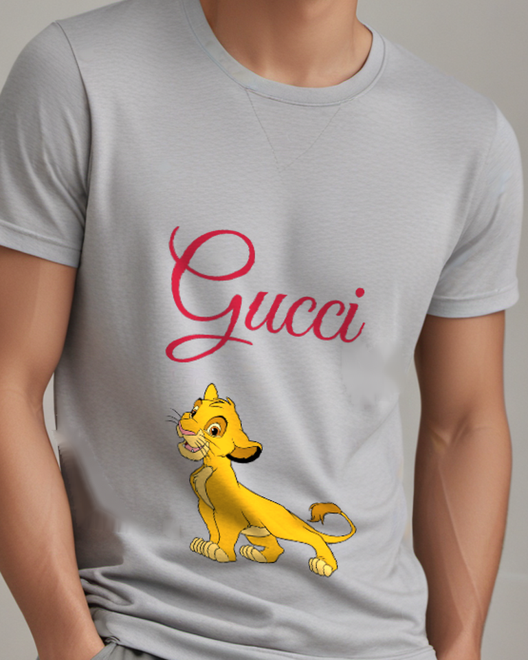 Light Gray Lion Cub Upright Walk Graphic T-Shirt - model wearing view