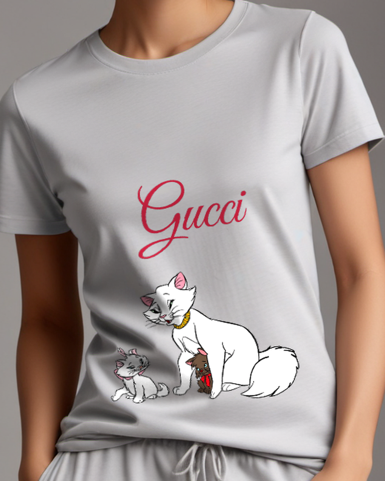Light Gray Marie Duchess And Berlioz In Cartoon Poses Graphic T-Shirt - model wearing view