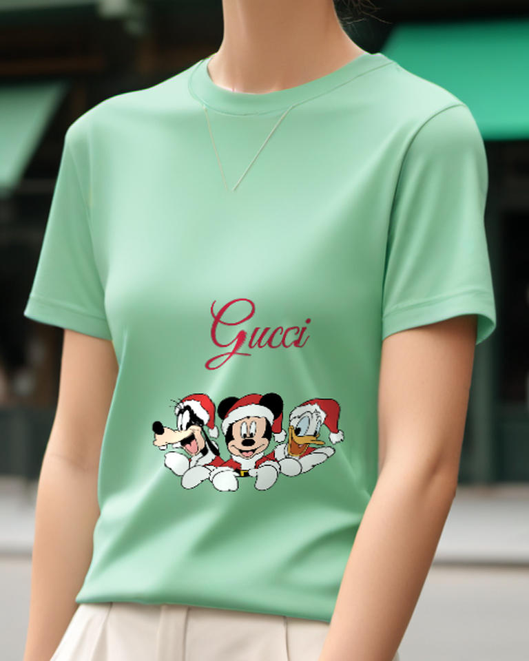 Sage Green Mickey Mouse Goofy Donald Duck In Santa Hats Graphic T-Shirt - model wearing view
