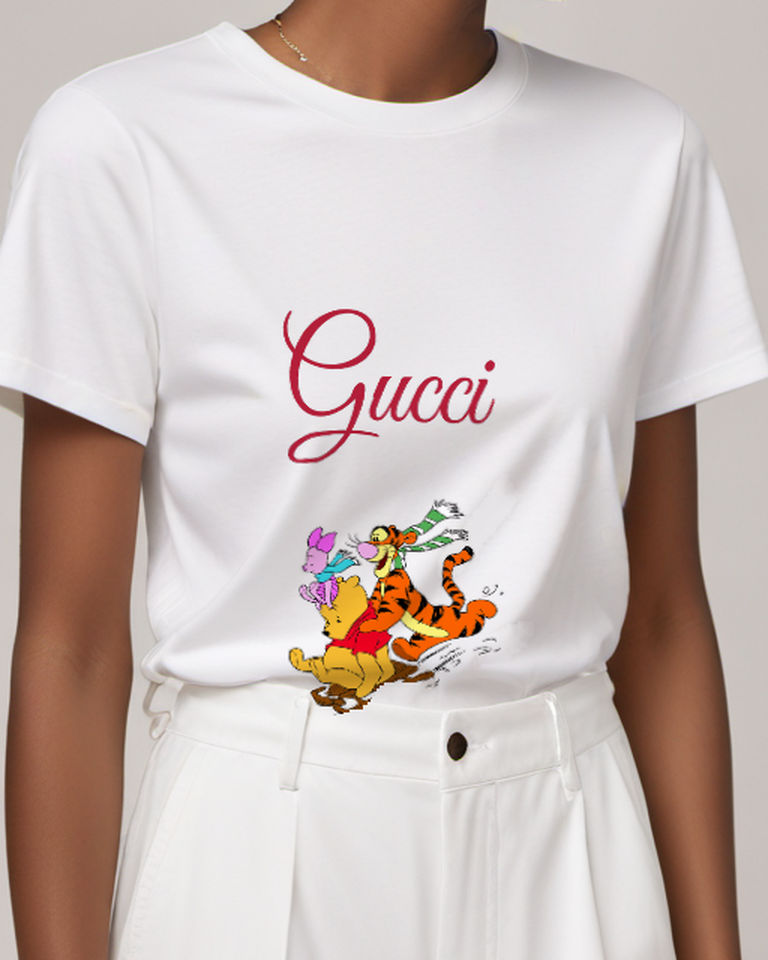 White Pooh Piglet Tigger On Sled Graphic T-Shirt - model wearing view