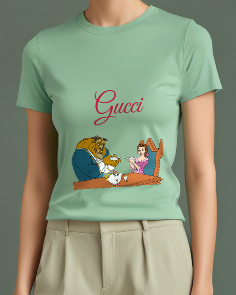 Sage Green Beast And Belle At Tea Table Graphic T-Shirt - model wearing view