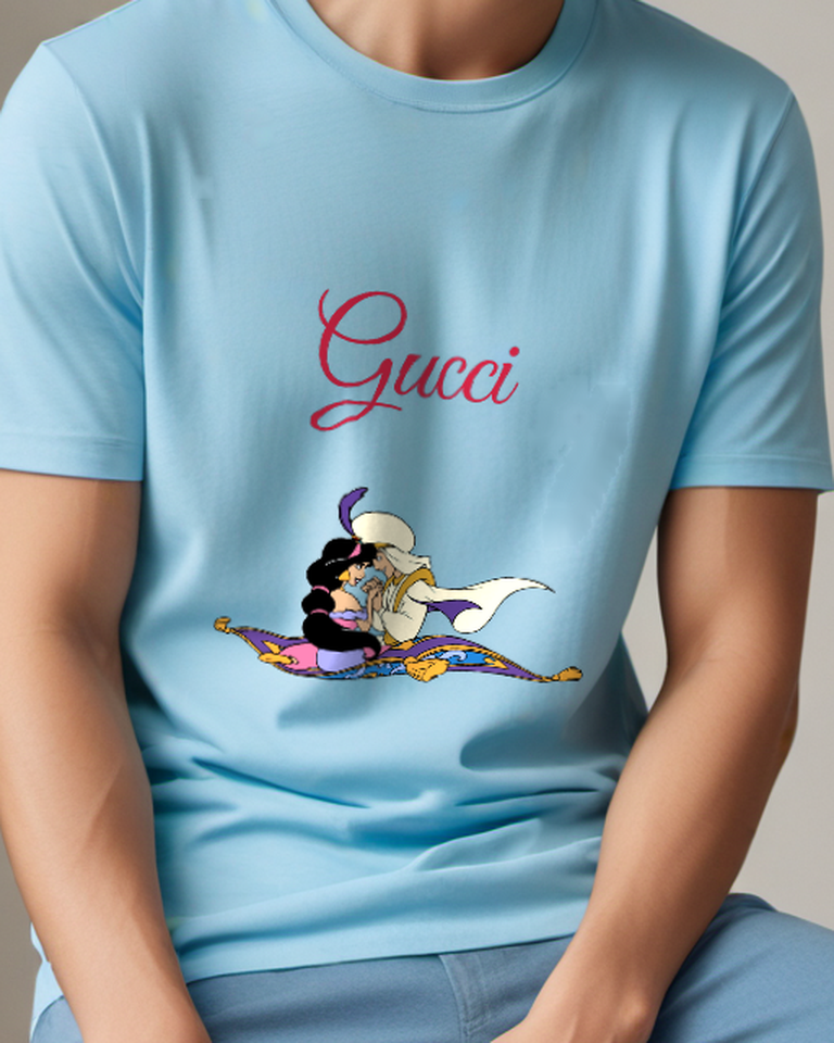Sky Blue Aladdin And Jasmine On Magic Carpet Graphic T-Shirt - model wearing view