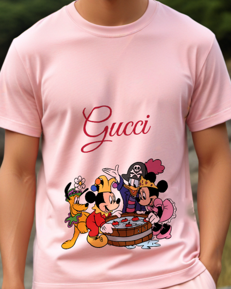 Blush Pink Mickey Mouse In Red Outfit Bobbing Apples Graphic T-Shirt - model wearing view
