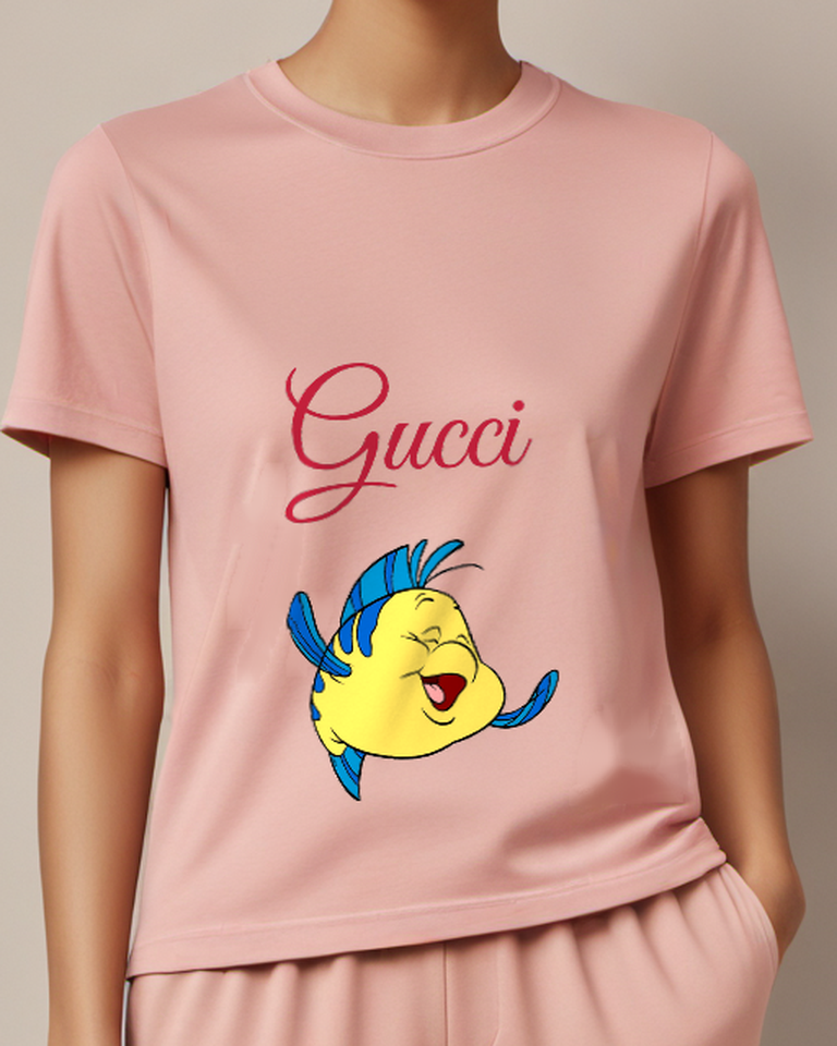 Blush Pink Yellow Fish Laughing Blue Crest Graphic T-Shirt - model wearing view