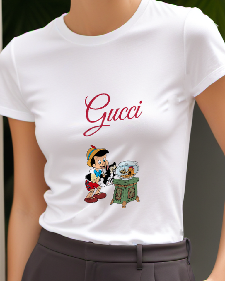 White Pinocchio Holds Cat Near Fishbowl Graphic T-Shirt - model wearing view