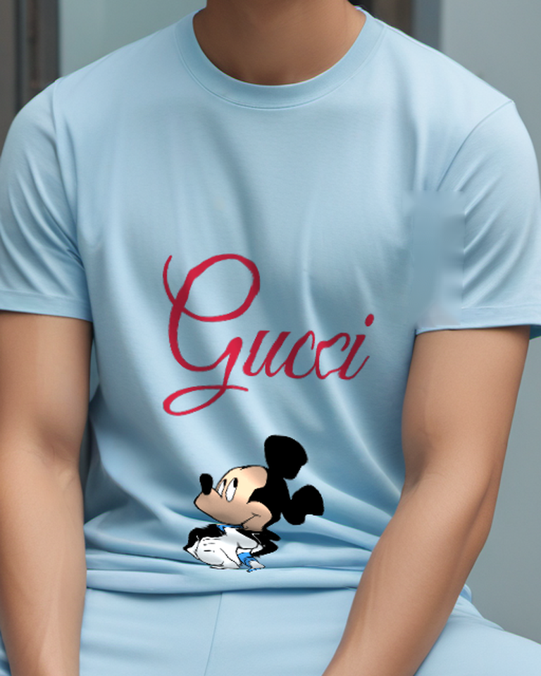 Sky Blue Mouse Folded Gloves Bust Graphic T-Shirt - model wearing view