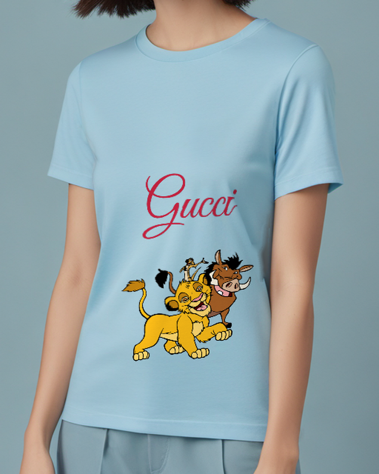 Sky Blue Young Lion Cub Running Joyfully Graphic T-Shirt - model wearing view