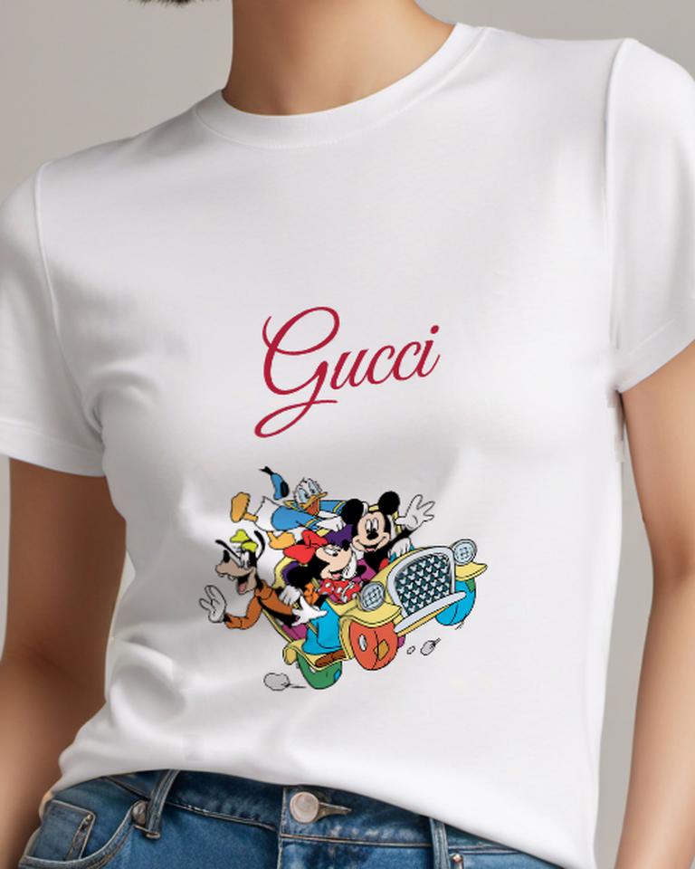 White Mickey And Friends In Open Car Graphic T-Shirt - model wearing view