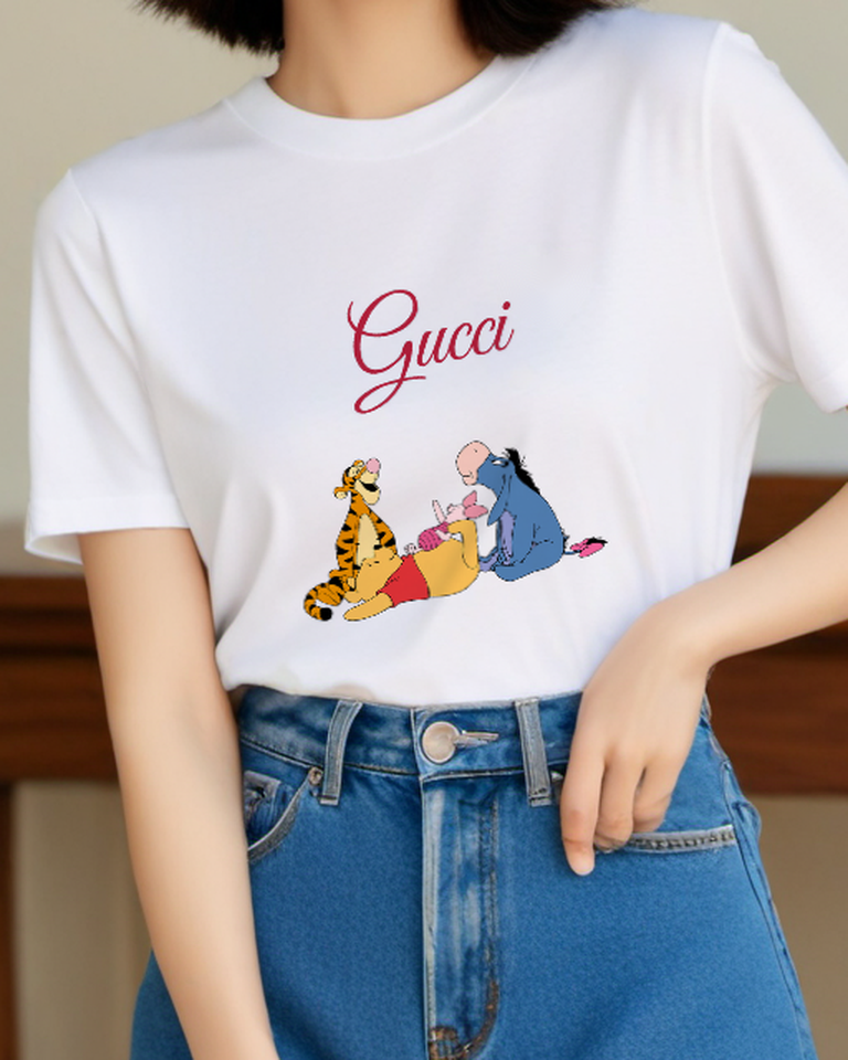 White Pooh Lying On Back With Piglet Graphic T-Shirt - model wearing view