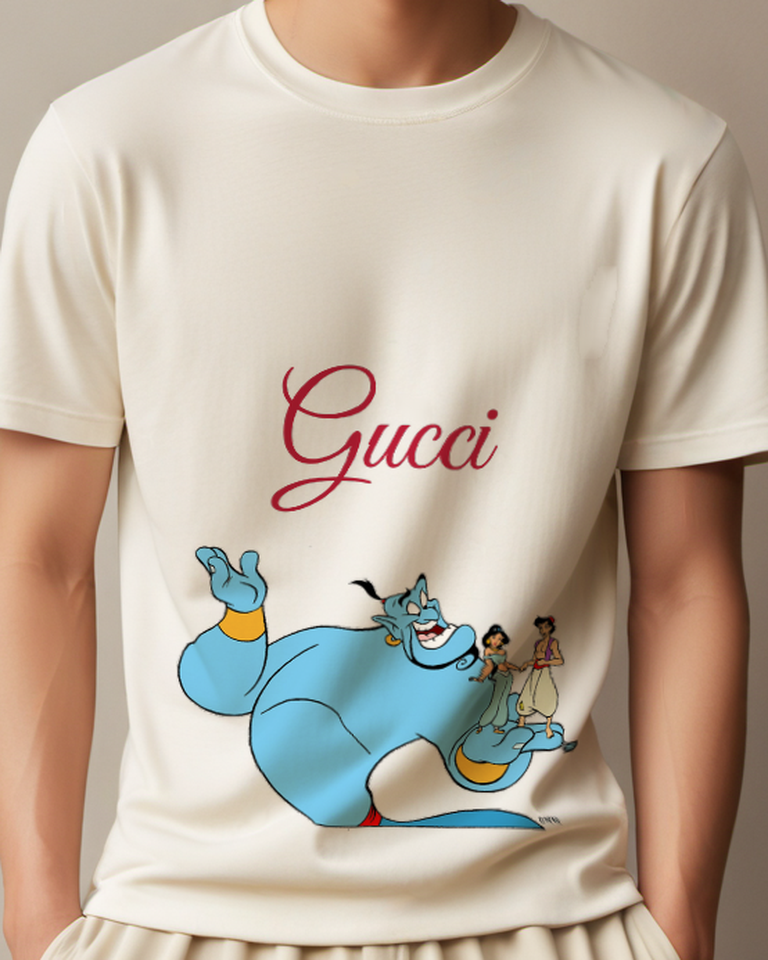 Ivory Blue Genie Waving Hand Smiling Face Graphic T-Shirt - model wearing view