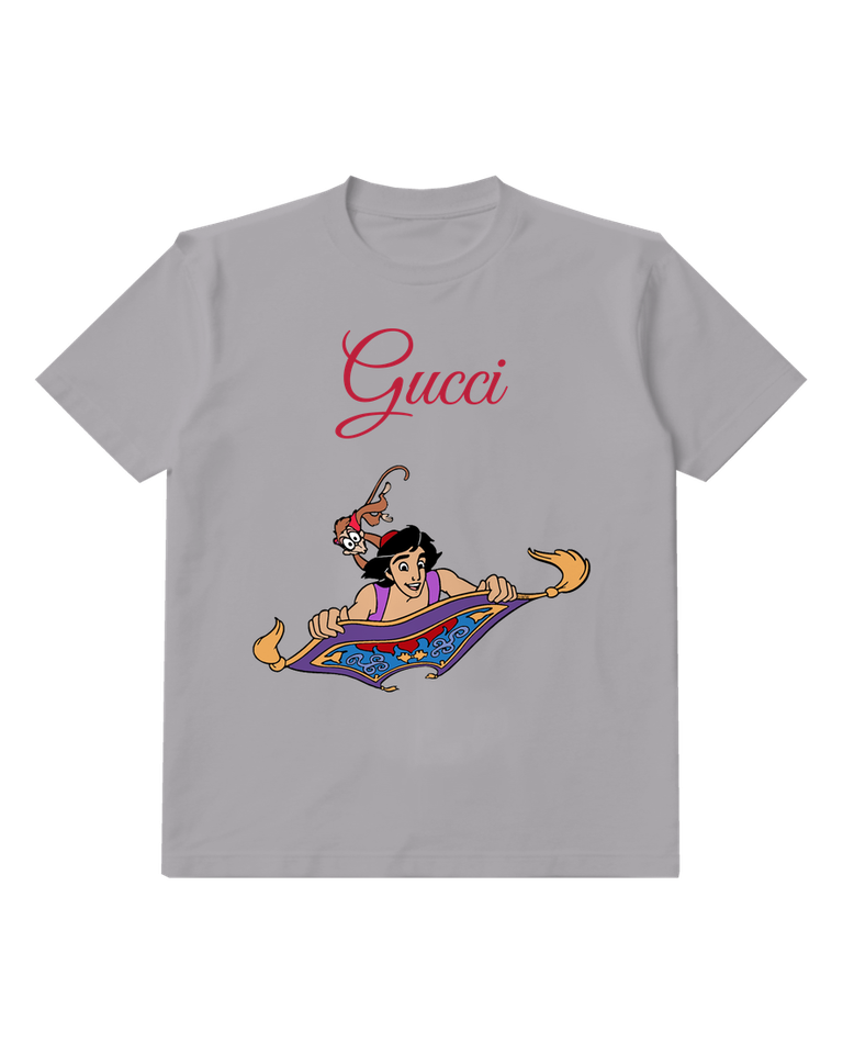Gray Aladdin Rides Carpet With Monkey Above Graphic T-Shirt - front product view