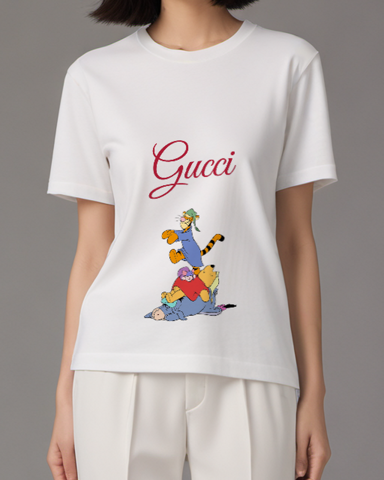 White Tigger Leaps Above Sleeping Trio Graphic T-Shirt - model wearing view
