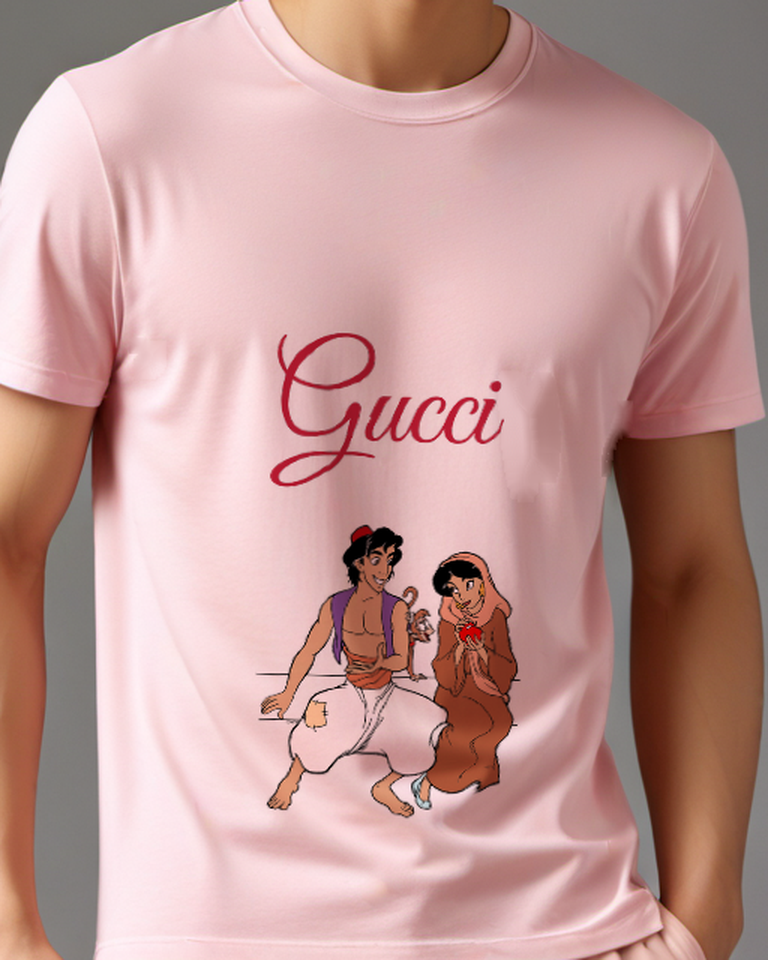 Blush Pink Aladdin Crouching With Abu On Shoulder Graphic T-Shirt - model wearing view