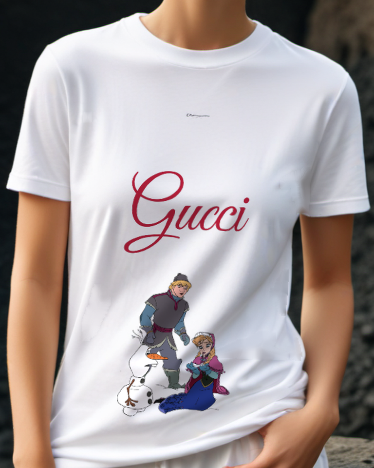 White Anna Kneeling Beside Olaf With Kristoff Behind Graphic T-Shirt - model wearing view