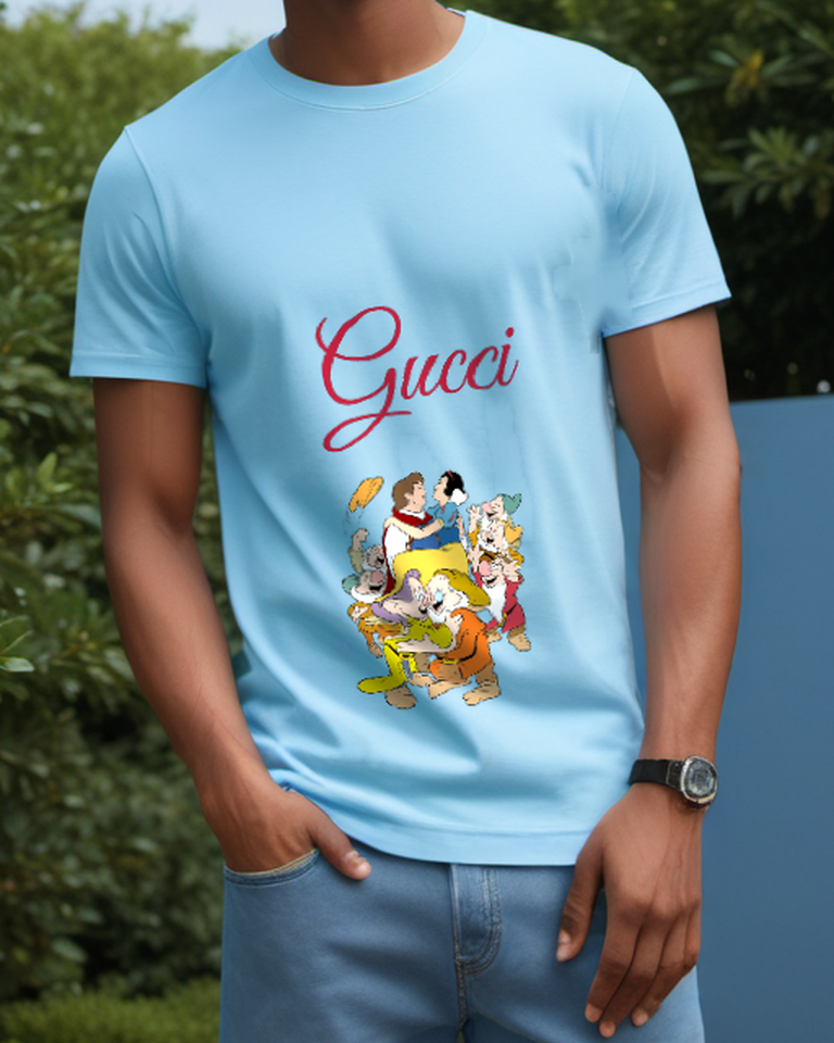 Sky Blue Snow White Embraced By Dwarfs Graphic T-Shirt - model wearing view