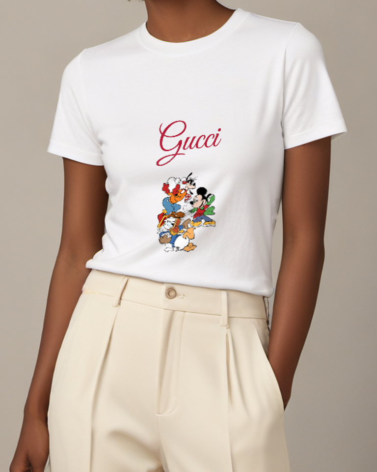White Mickey Mouse Goofy Donald Duck In Snowball Fight Graphic T-Shirt - model wearing view