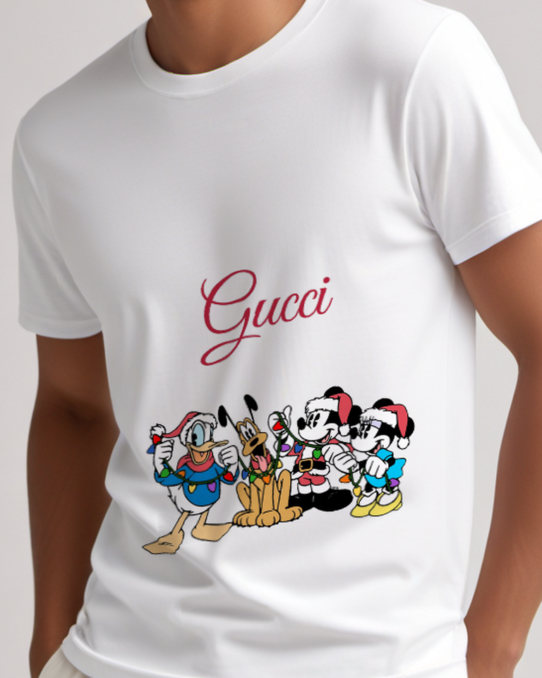 White Mickey Mouse Festive Holiday Pose Graphic T-Shirt - model wearing view