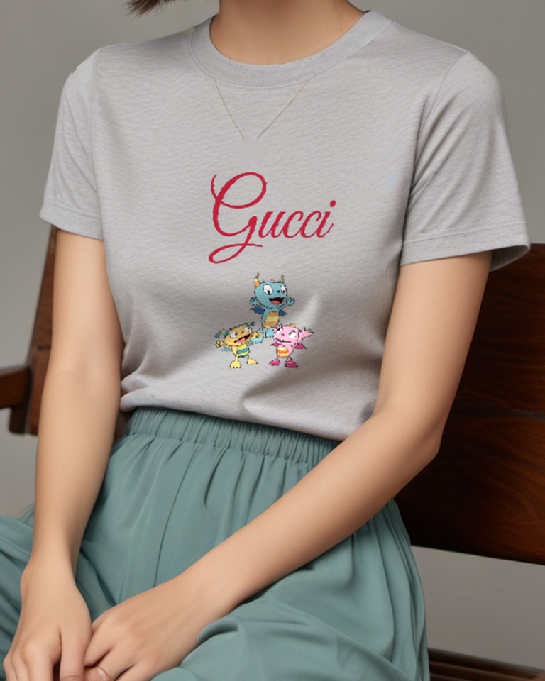 Light Gray Three Monsters Cheerful Group Graphic T-Shirt - model wearing view