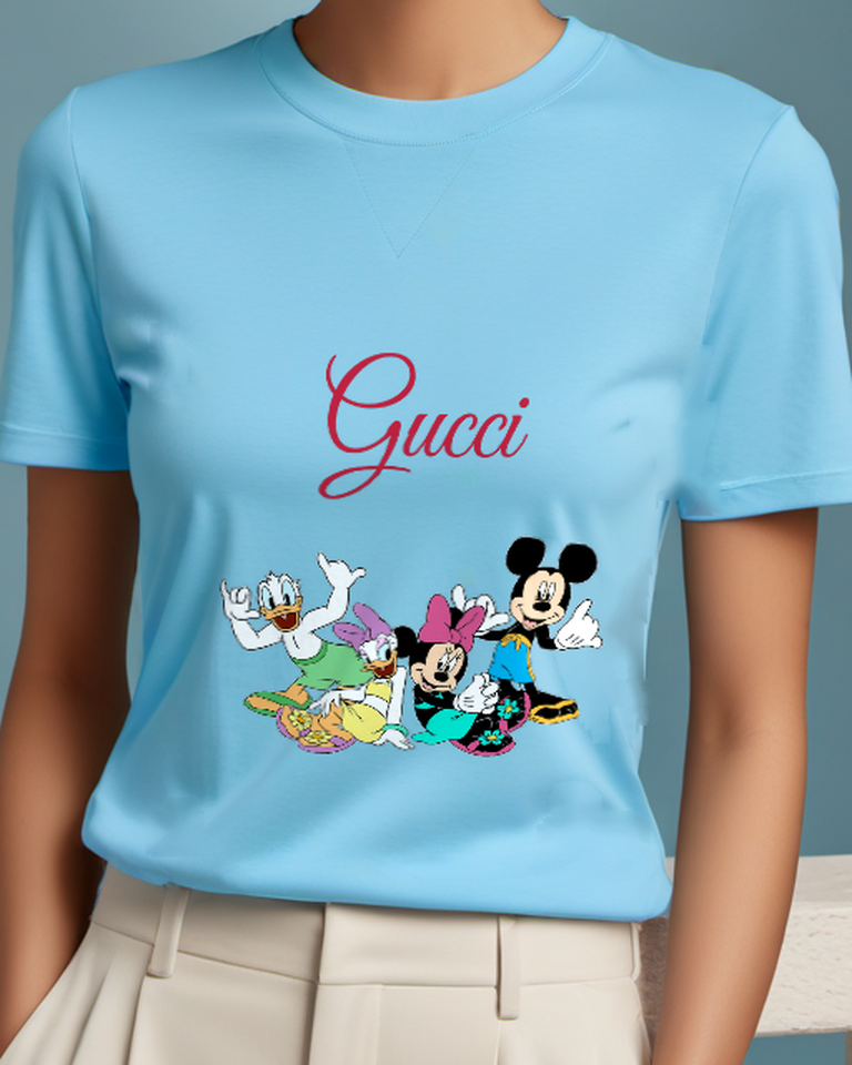 Sky Blue Mickey And Minnie With Ducks On Beach Graphic T-Shirt - model wearing view