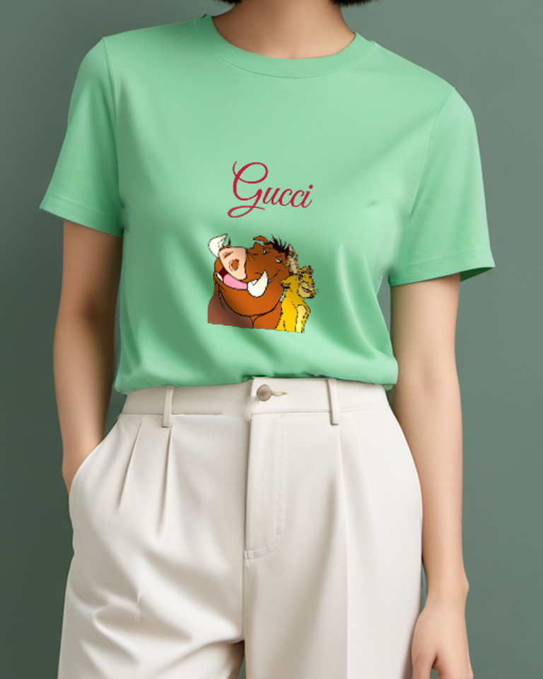 Sage Green Pumbaa Smiling With Tusks And Tongue Graphic T-Shirt - model wearing view
