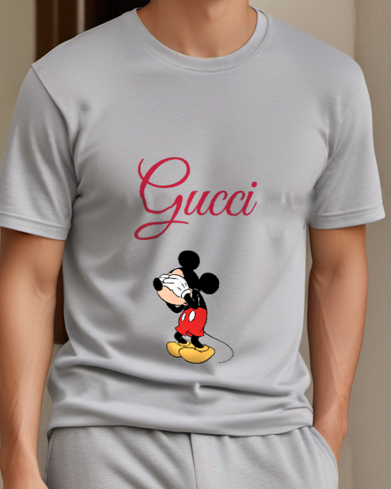 Light Gray Mouse Side Profile Red Shorts Graphic T-Shirt - model wearing view
