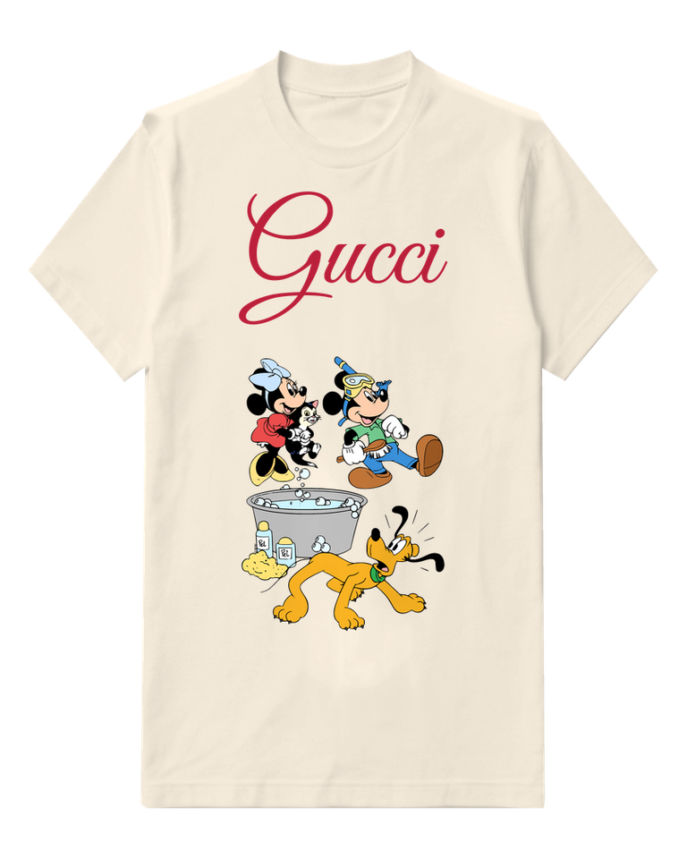 Ivory Mickey Minnie Figaro Pluto In Bath Scene Graphic T-Shirt - front product view
