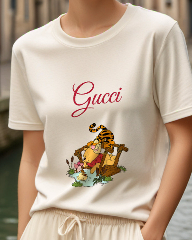 Ivory Pooh Piglet Tigger On Wooden Bridge Graphic T-Shirt - model wearing view