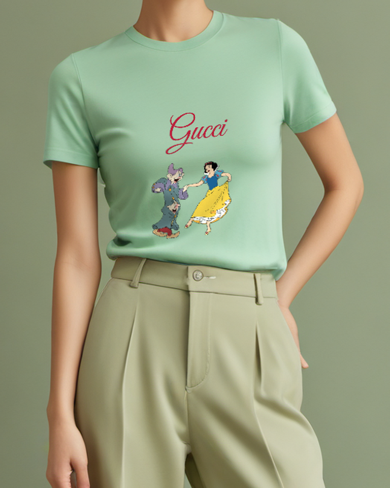 Sage Green Snow White And Dwarfs Dancing Graphic T-Shirt - model wearing view