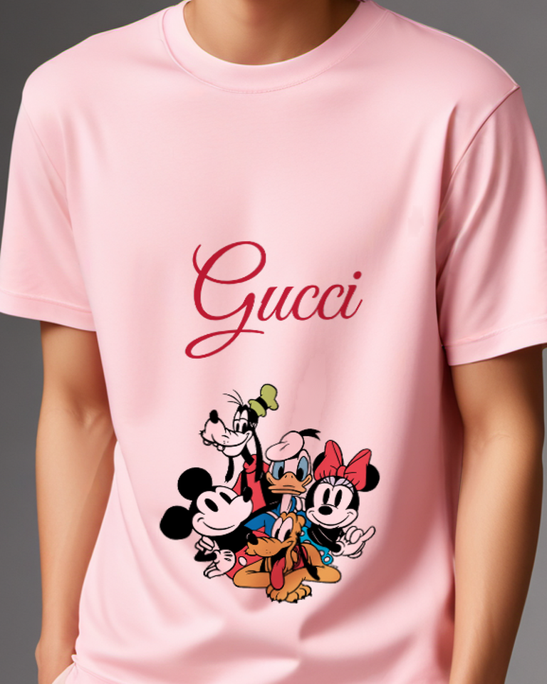 Blush Pink Mickey Mouse Friends Group Smiling Together Graphic T-Shirt - model wearing view
